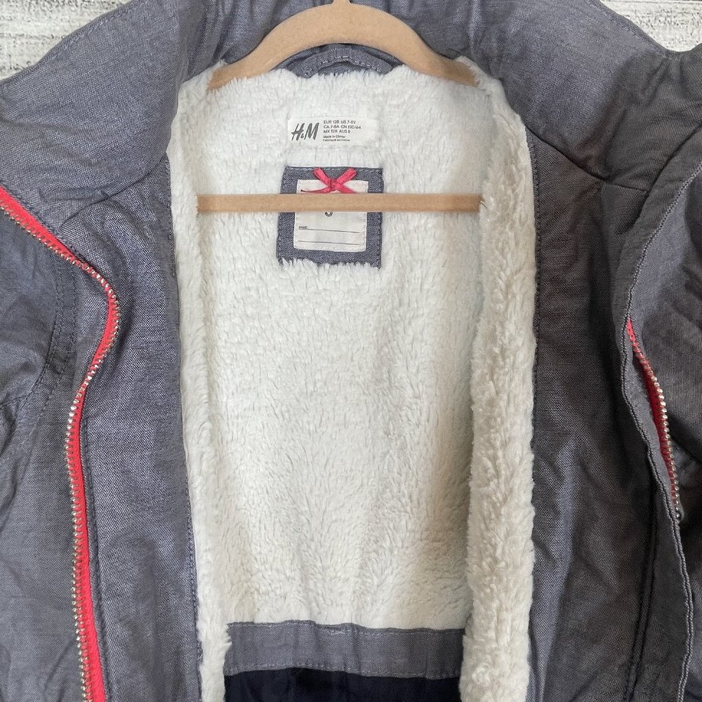 H&M Girl's Padded Parka Blue Gray Detachable Faux Fur Lined Hood Sz 7-8 - Picture 4 of 16